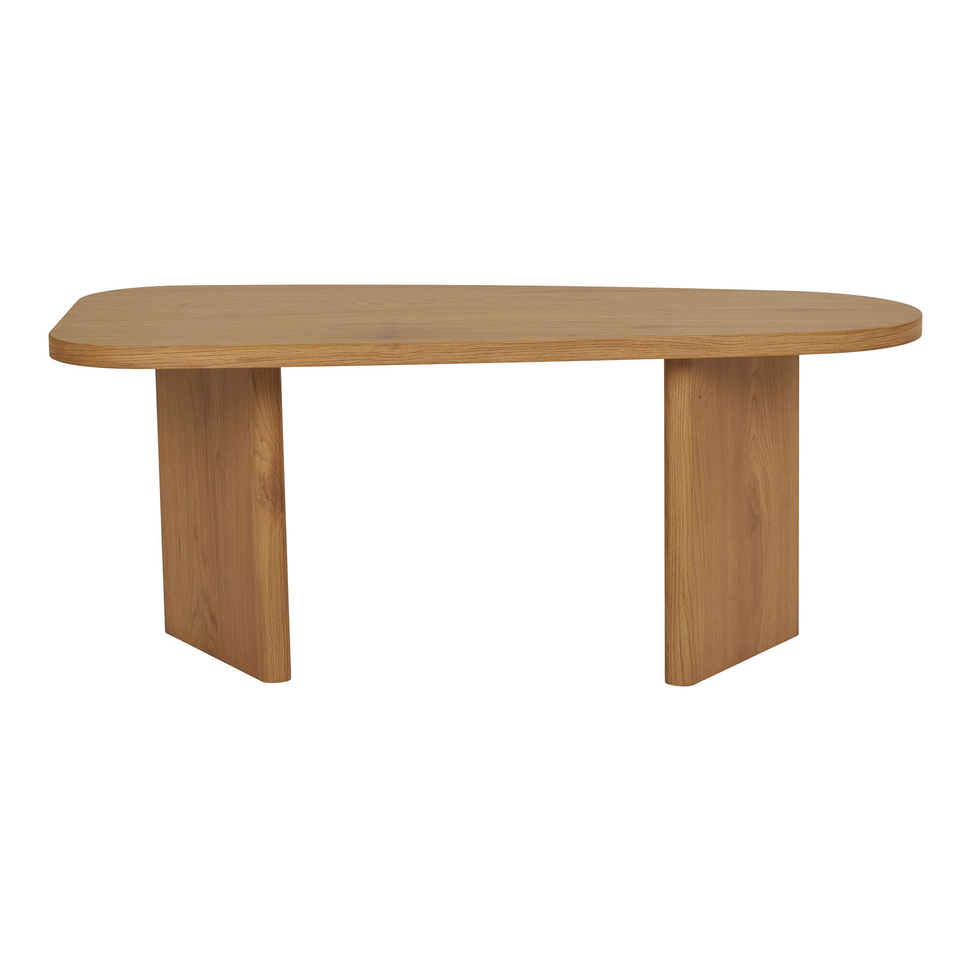 Strakke vooraanzicht van de House Nordic Melo salontafel in naturel MDF, met afgeronde hoeken en stevige pootpanelen